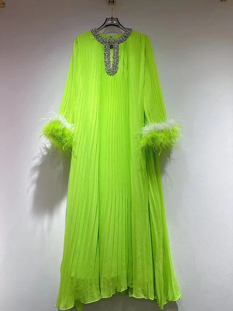 Round Neck Nail Bead Feather Cuffs Pleated Dress