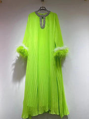 Round Neck Nail Bead Feather Cuffs Pleated Dress