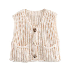 Pocket Sleeveless Knitted Cropped Vest
