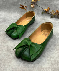 Women Green Bow Split Toe Cowhide Leather Flat Shoes For