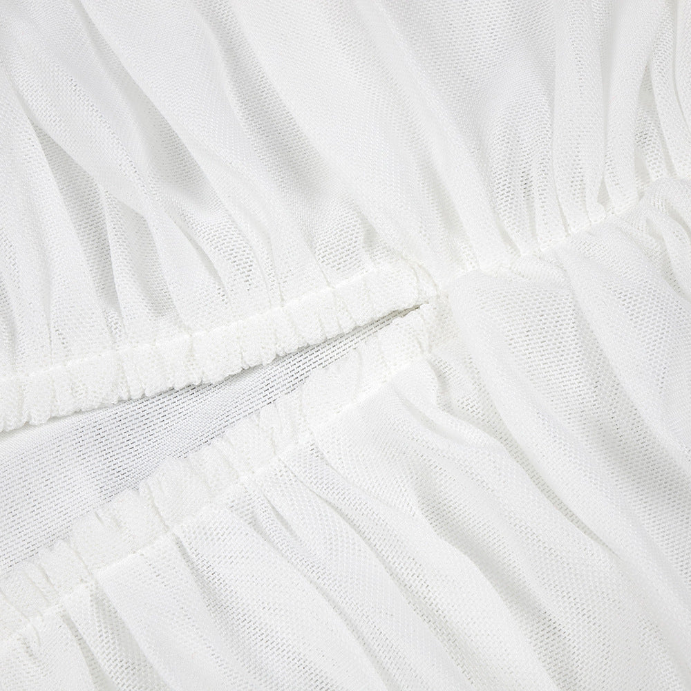 White Mesh Hanging Neck Ribbon Dress