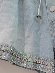 Handmade Diamond Bead Panel Denim Wide Leg Shorts