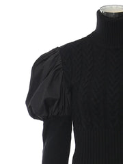 Spliced Bubble Sleeve Turtleneck Slim Knitted Top