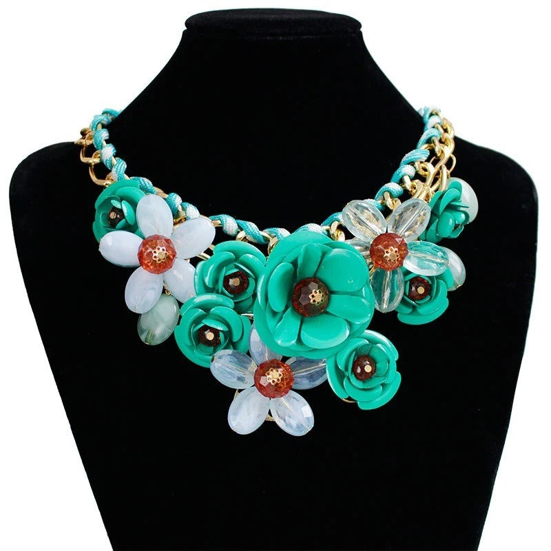 Colorful Flower Gemstone Pendant Rope Braided Necklace