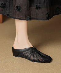 Chic Tulle Splicing Wedge Slide Sandals Gold Cowhide Leather