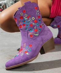 Elegant Purple Pointed Embossed Boots Suede Chunky Ankle Boots