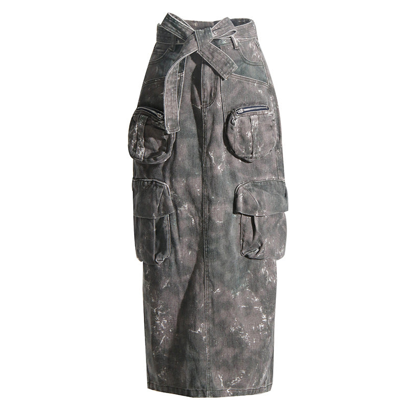 Camouflage Tie Waist Pocket Hip Hugging Denim Skirt