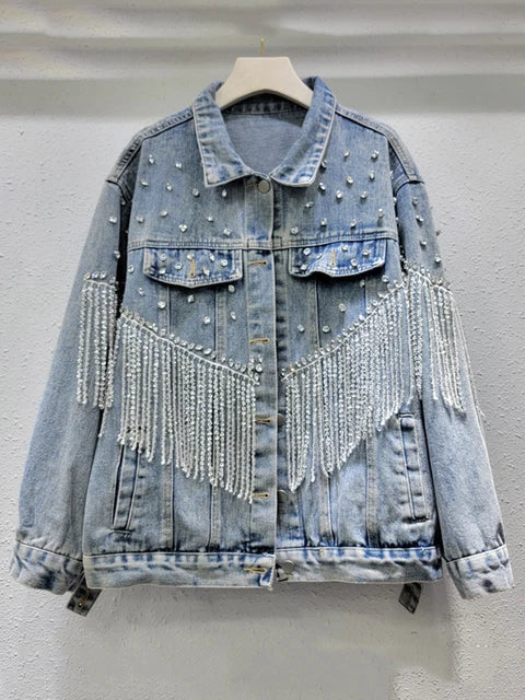 Tassel Diamond Inlaid Short Denim Jacket