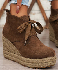 Brown Boots Lace Up Solid Suede Straw Woven Wedge Heels Boots
