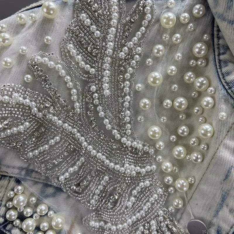 Pearl Beaded Diamond Blue Short Denim Vest