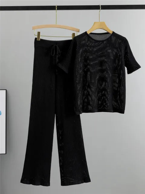 Semi Transparent Loose Knit T-Shirt + Wide Leg Pants Set