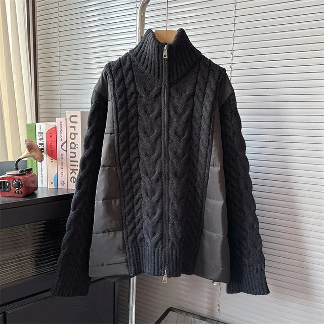 Turtleneck Knitted Patchwork Cotton-Padded Sweater