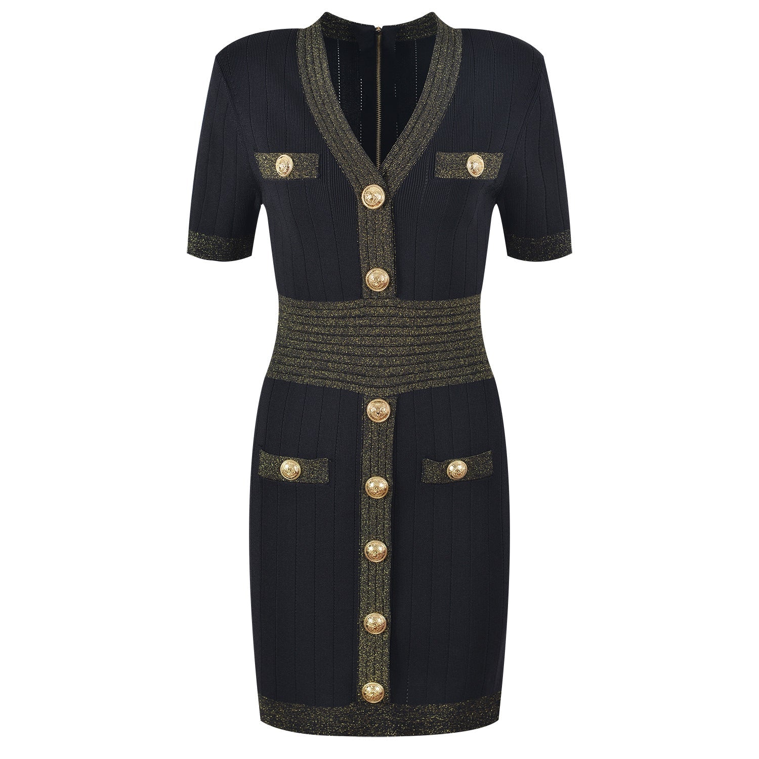 Gold Buckle V-Neck Hip Hugging Knitted Dress