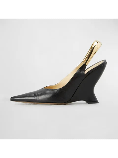 Curved Wedge Gold-Tone Slingback Pumps