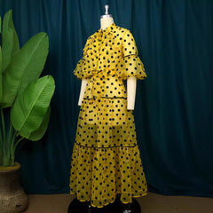 Casual Polka Dots Lantern Sleeve Maxi Dress