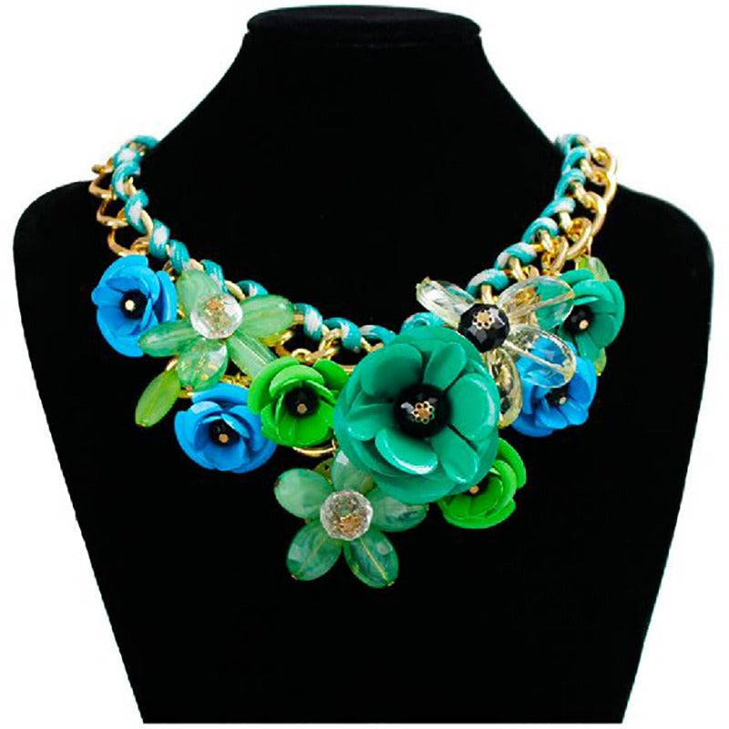 Colorful Flower Gemstone Pendant Rope Braided Necklace