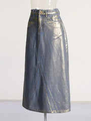 Patchwork Mid Rise A-Line Denim Skirt