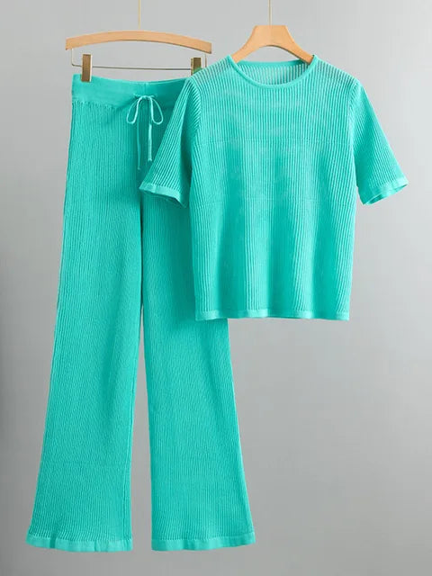 Semi Transparent Loose Knit T-Shirt + Wide Leg Pants Set
