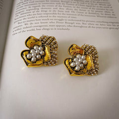 Diamond Studded Pearl Flower Clip Earrings