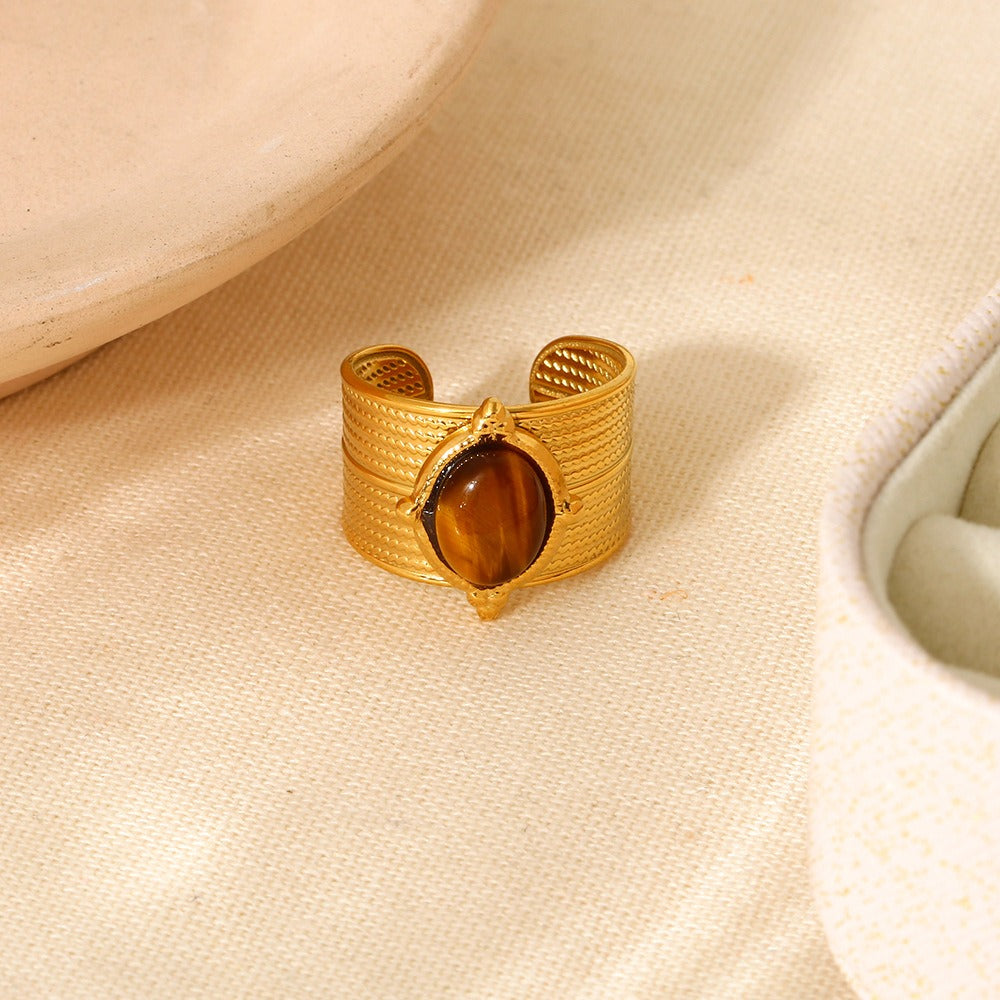 Retro Gold-Plated Tiger Eye Marble C-Shaped Open Ring