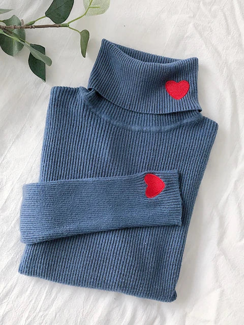 Hearts Turtleneck Ribbed Knitted Sweater