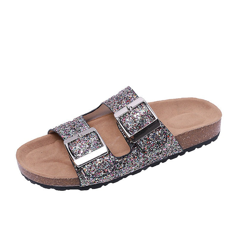 Buckle Strap Casual Print Cork Slippers