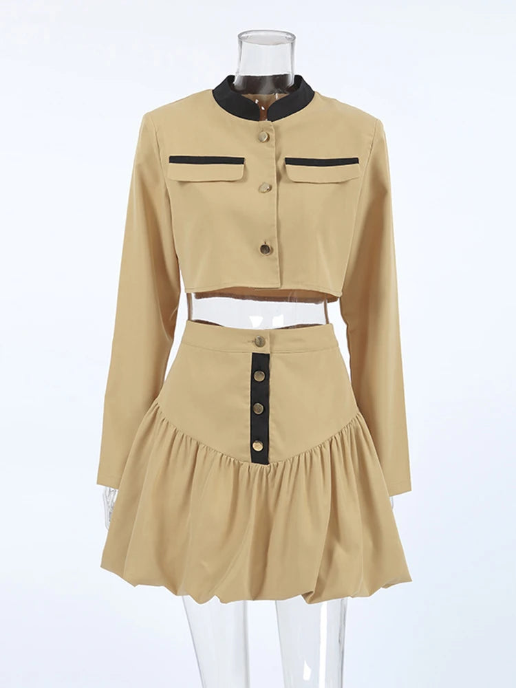 Khaki False Pockets Stand Collar Long Sleeve + Midi Skirt