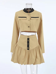 Khaki False Pockets Stand Collar Long Sleeve + Midi Skirt
