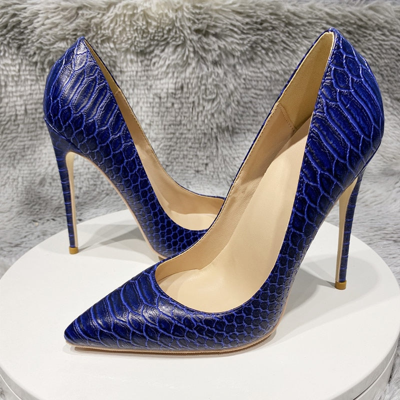 Navy Crocodile Pattern Pointed-Toe Pumps Shoes