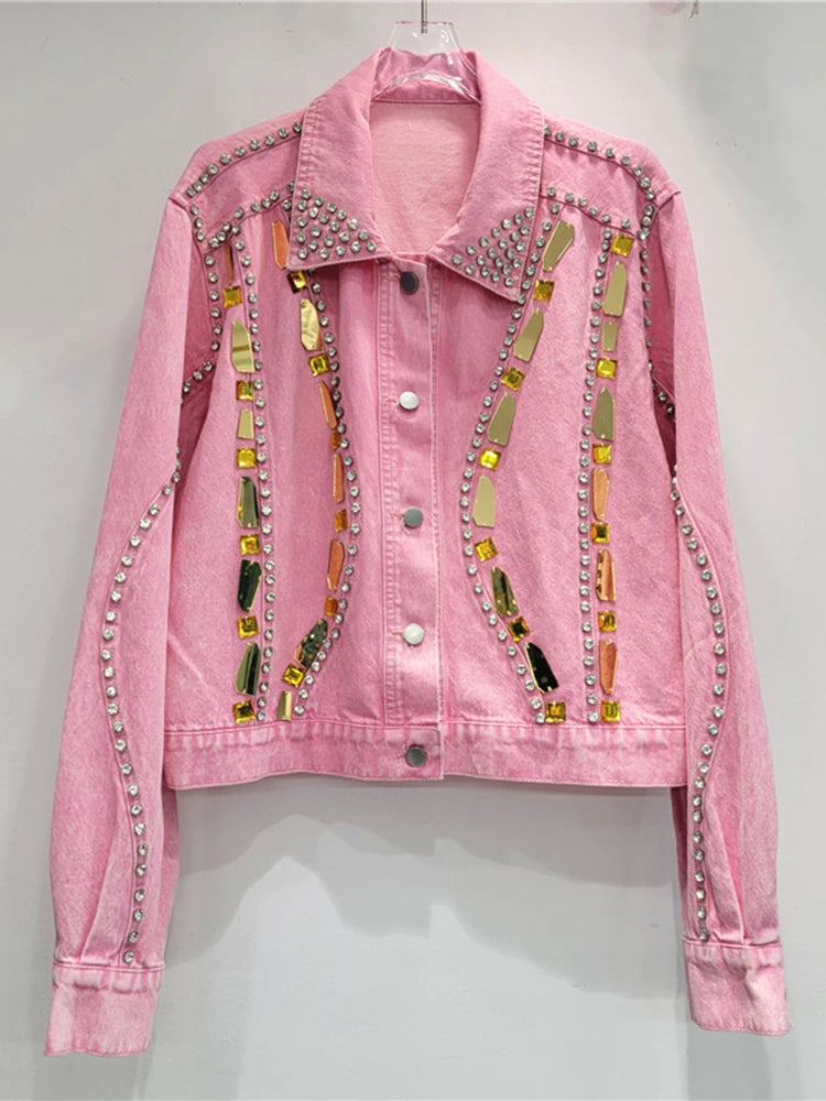 Rhinestone Sequin Pink Denim Jacket