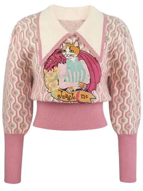 Vintage Cat Jacquard Embroidery Knitted Casual Sweater