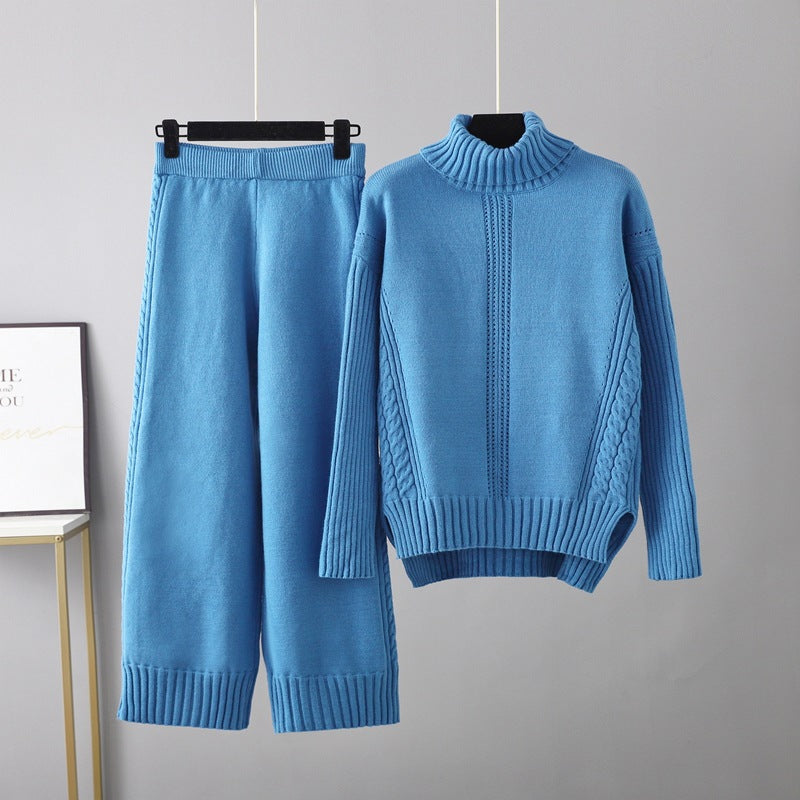 Casual Thick Turtleneck Knit Sweater + Wide Leg Knit Pants