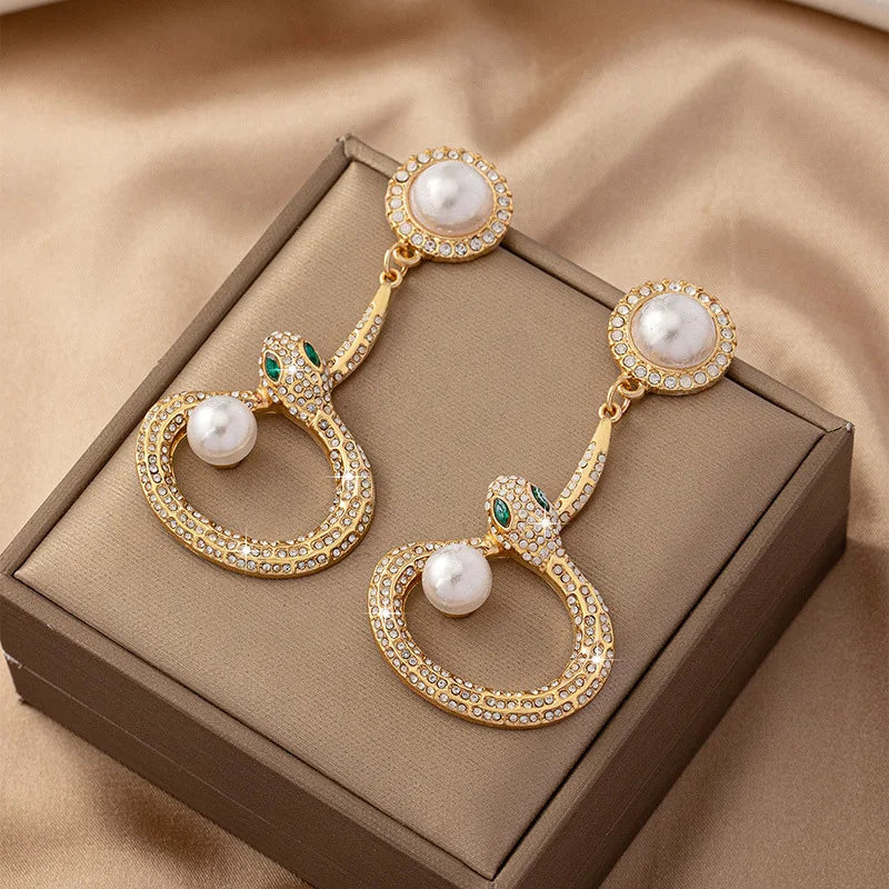 Snake Shaped Pearl Diamond Inlaid Earrings