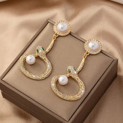 Snake Shaped Pearl Diamond Inlaid Earrings