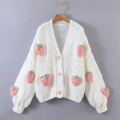 V-Neck Lantern Sleeve Strawberry Coarse Knitted Cardigan