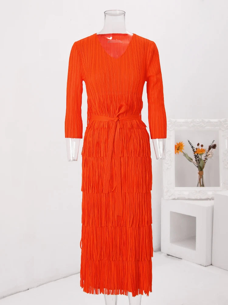 Solid Pleated Fringe Dress