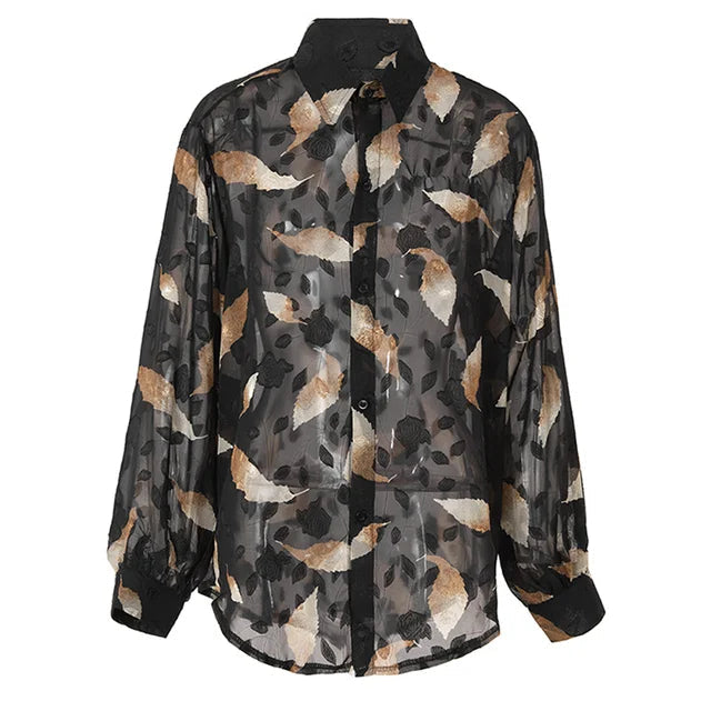 Pre Order:  Black Printed Leaf Sheer Comfy Blouse