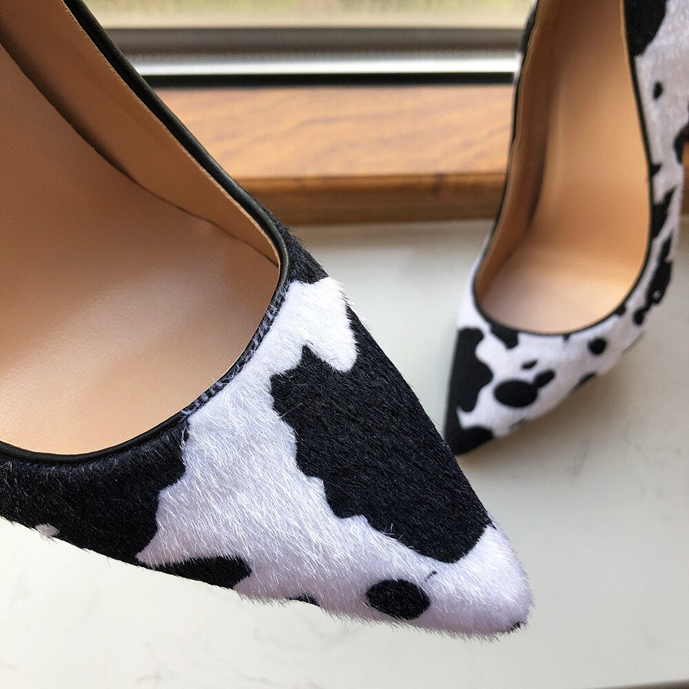 White Flock Pointed-Toe Cow Printed Shoes