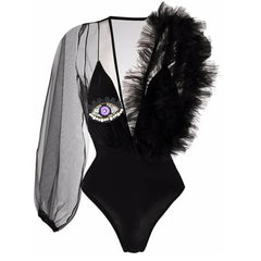 One Eye Mesh Sleeve Faux Fur Shoulder Swimsuit