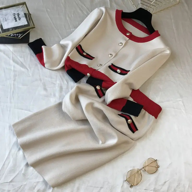 Casual Knitted Cardigan + Slim Fit Skirt Set