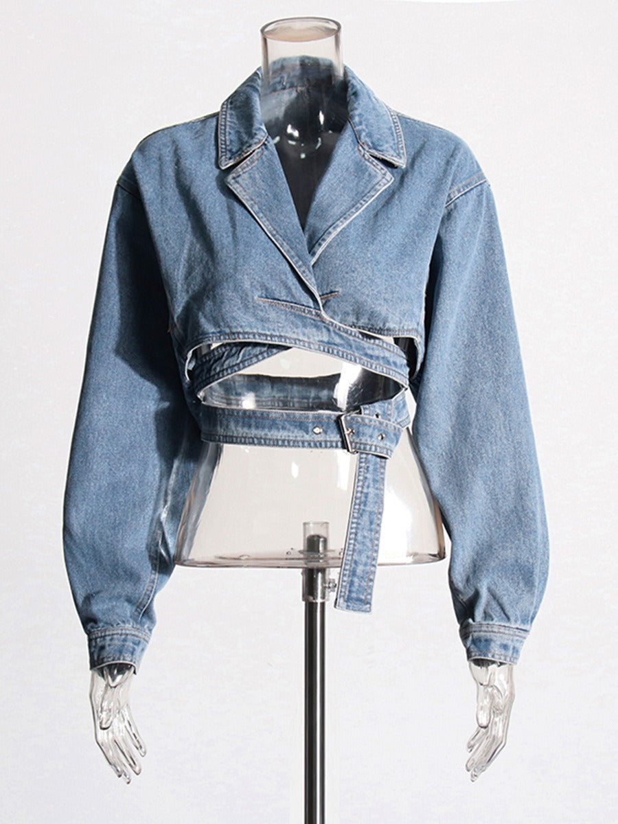 Cross Layered Hollow Waist Denim Jacket