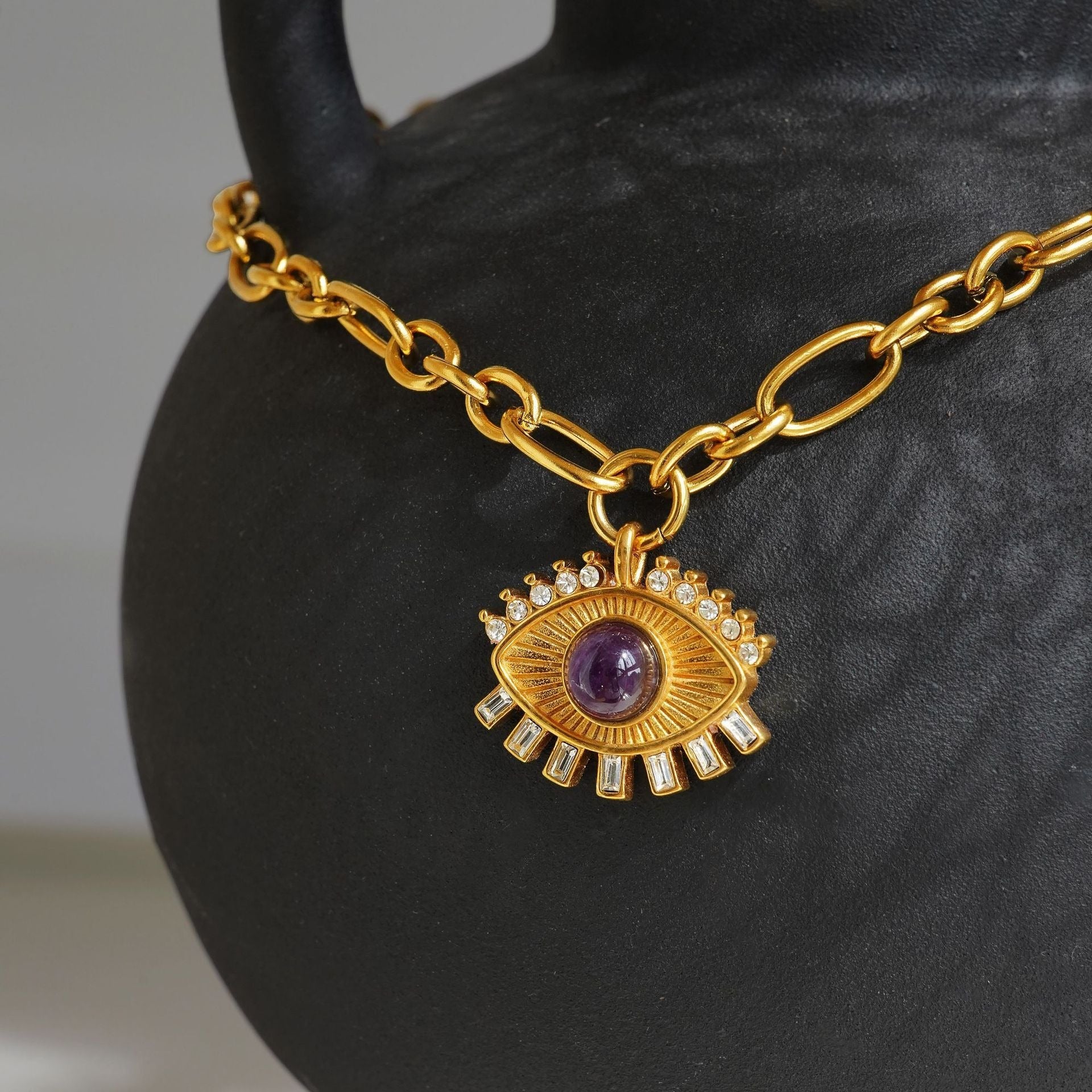 Gold Titanium Steel Eye Zircon Pendant Necklace