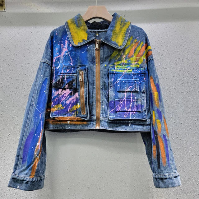 Hand Drawn Graffiti Denim Loose Short Jacket