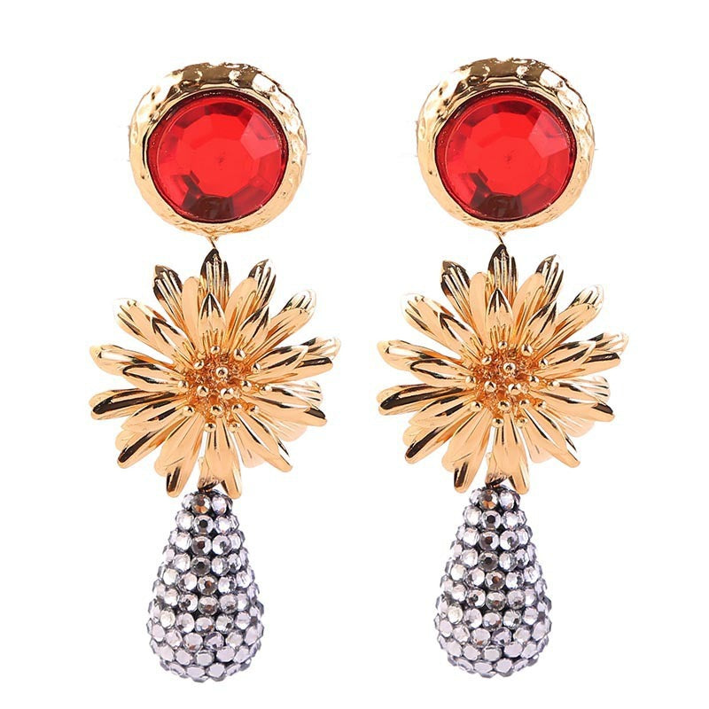 Alloy Flower Water Droplets Diamond Earrings