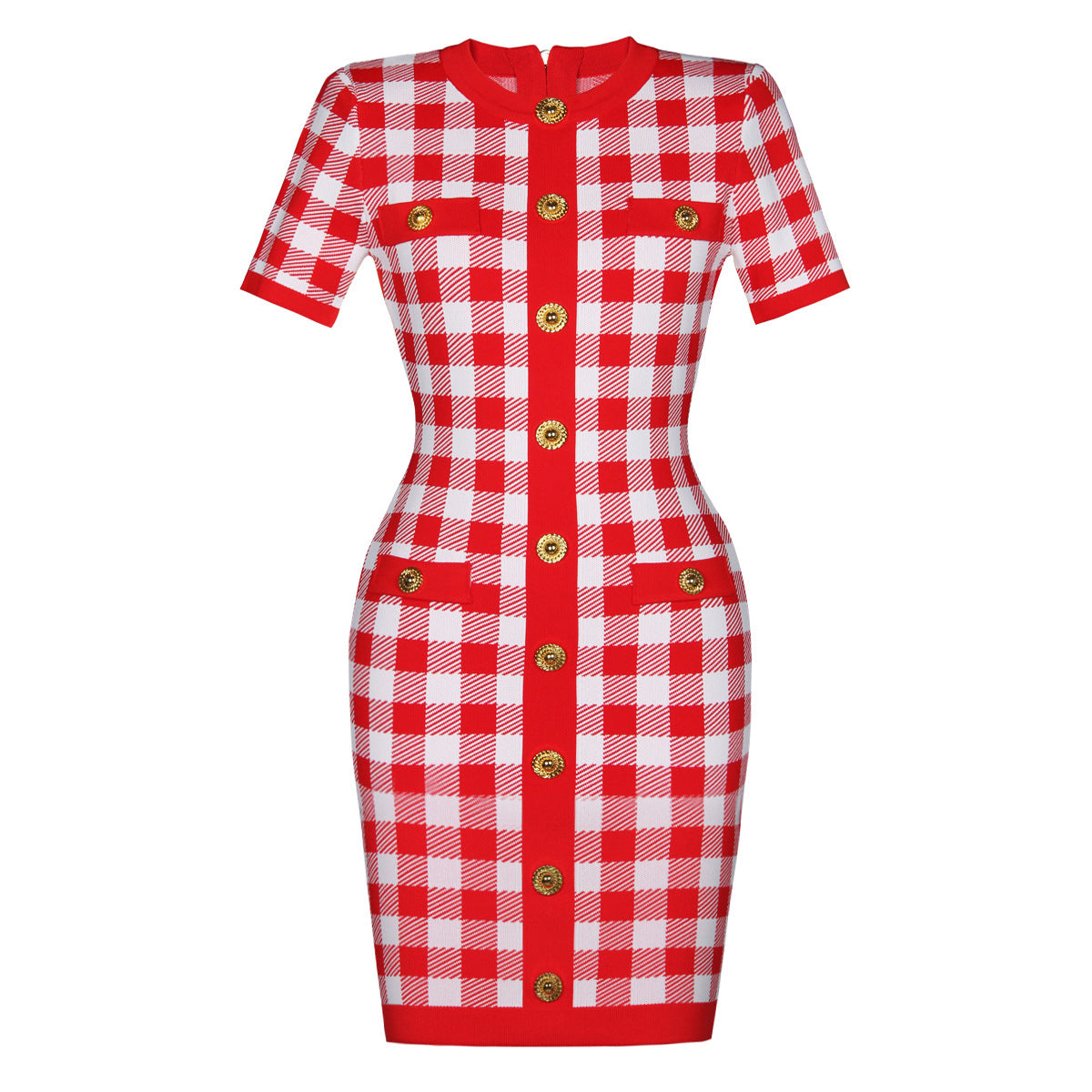 Plaid Short Sleeved Bodycon Knitted Dress