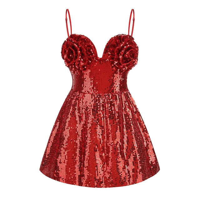 Sleeveless 3D Flower Sequin A-Line Corset Mini Dress