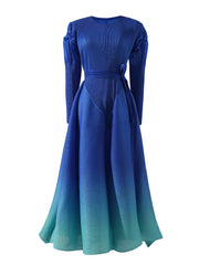 Pleated Gradient Waist Tie Mid Length Dress