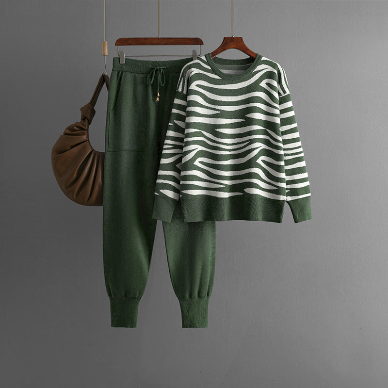 Animal Print Knitted Sweater + Pants Set