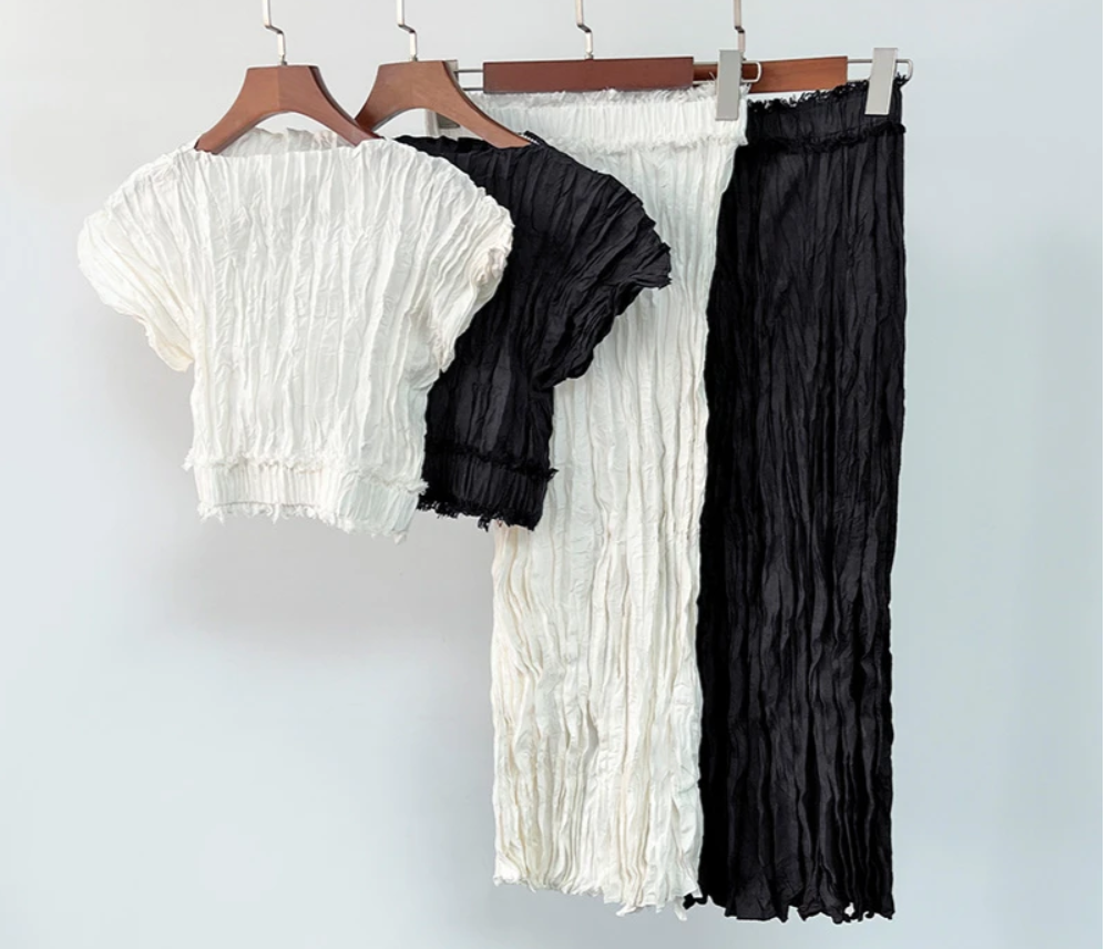 Pleated Top+Midi Skirt Silk Set