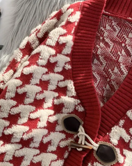 Plaid Antler Toggle Knitted Cardigan